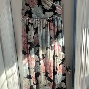 SLNY Black and Pink Floral Maxi Skirt